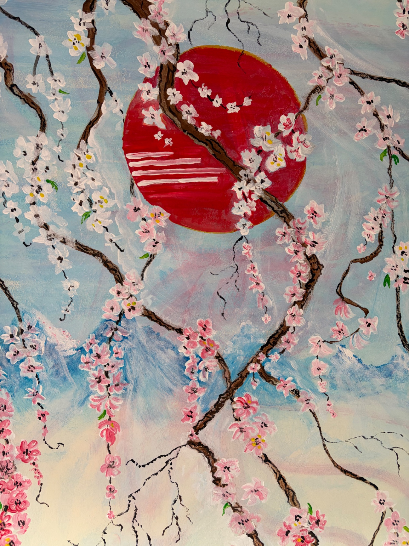 Detail of the red sun and flowering branches in the Blossom Mural