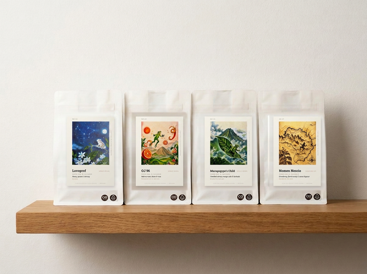 Collectible specialty coffee packaging featuring an original painting