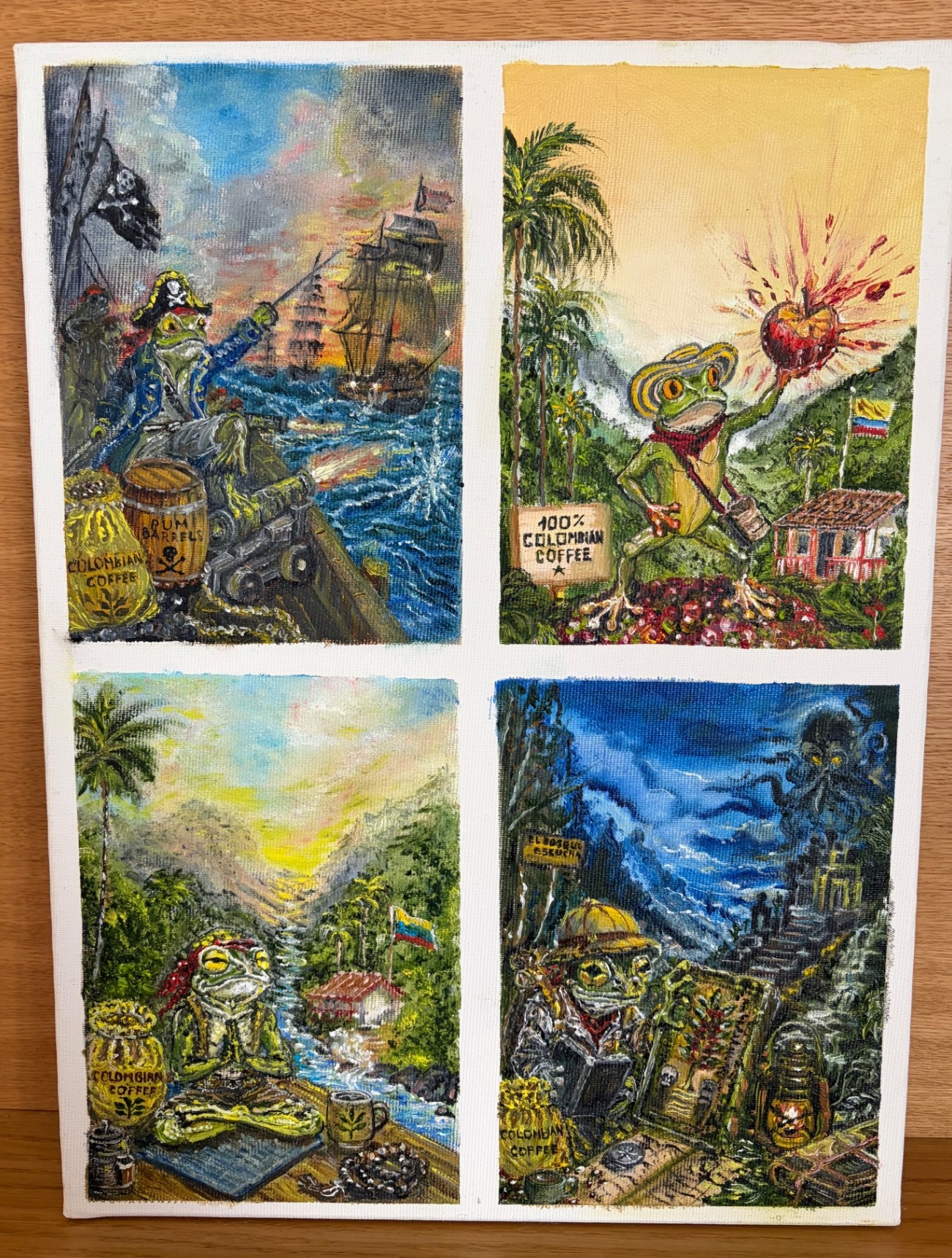 Four original paintings from Nata Orlo’s Colombia Series for Flying Frog Coffee