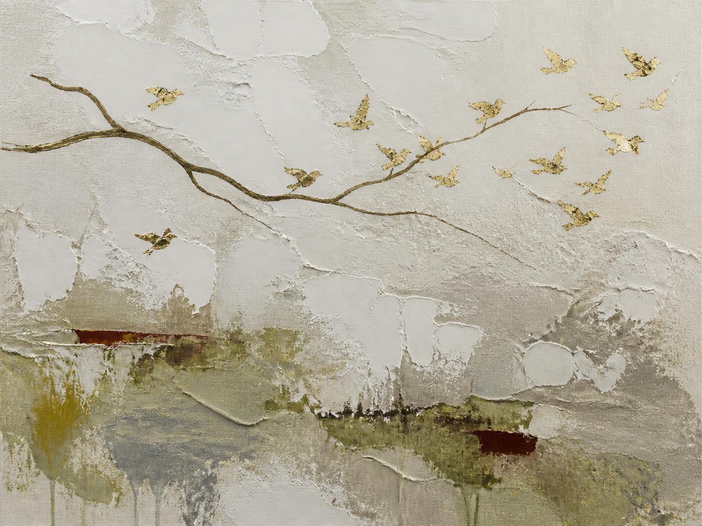 Oil and gold leaf painting Quiet Migration in olive, warm grey and fractured gold, from the Nature Archive by Nata Orlo