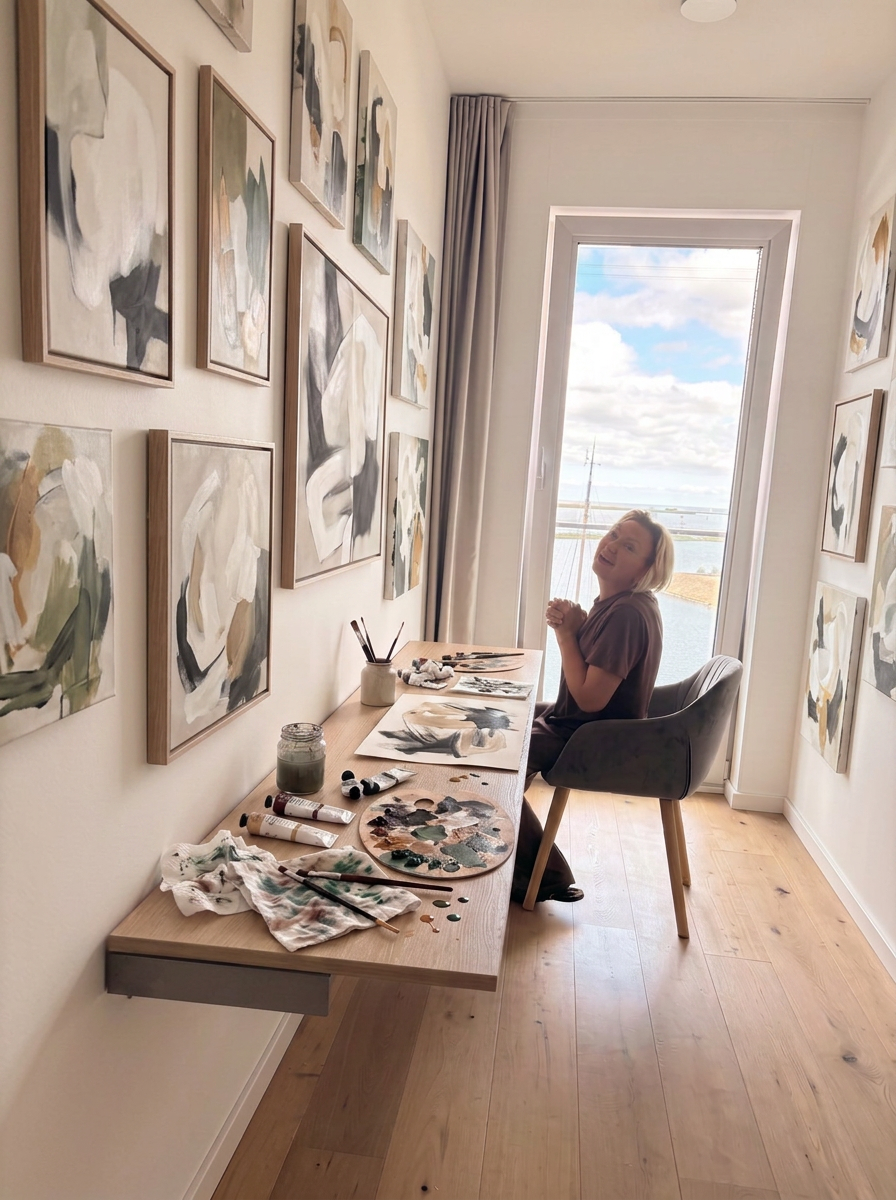 Nata Orlo's studio with paintings and brushes in north light